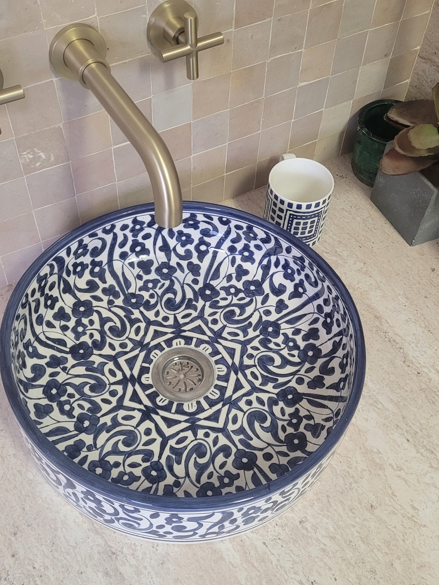 Handcrafted Moroccan Ceramic Sink – Blue Floral Design