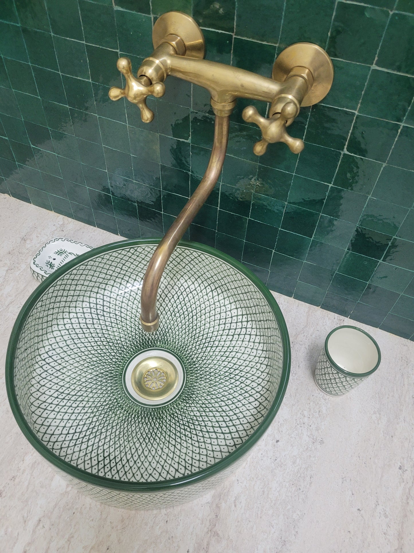 Handcrafted Moroccan Ceramic Sink – Green Patterned Basin with Matching Cup