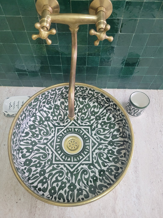 Handcrafted Moroccan Ceramic Sink with Brass Rim – Floral Green Design