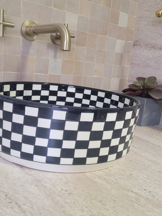 Handcrafted Moroccan Ceramic Sink – Black & White Checkerboard Pattern