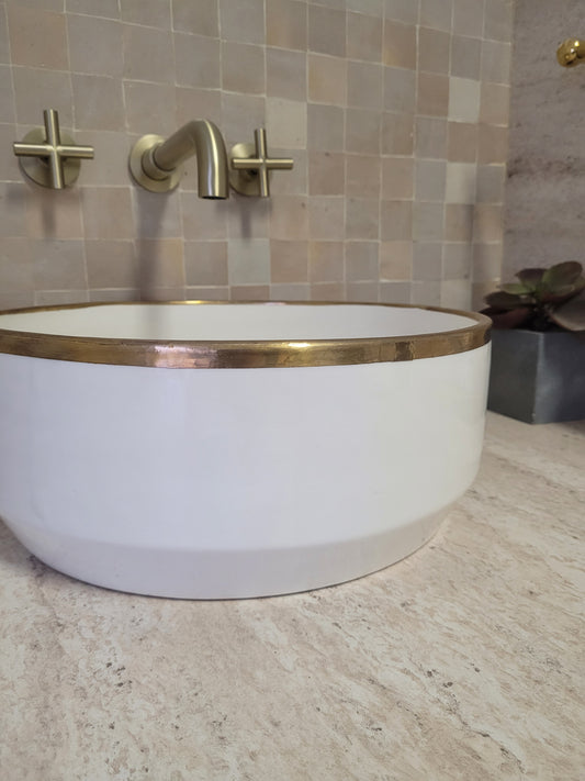 Handcrafted Moroccan Ceramic Sink with Brass Rim – Elegant White