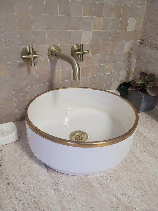 Handcrafted Moroccan Ceramic Sink with Brass Rim – Elegant White