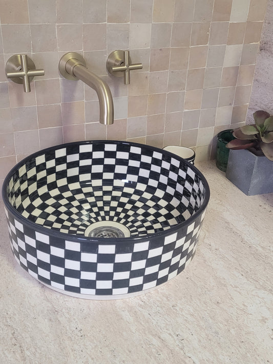 Handcrafted Moroccan Ceramic Sink – Black & White Checkerboard Pattern