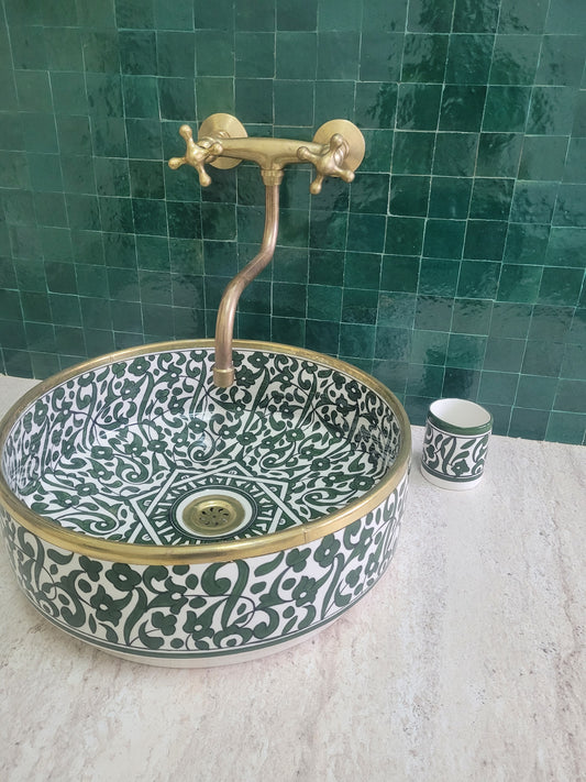 Handcrafted Moroccan Ceramic Sink with Brass Rim – Floral Green Design