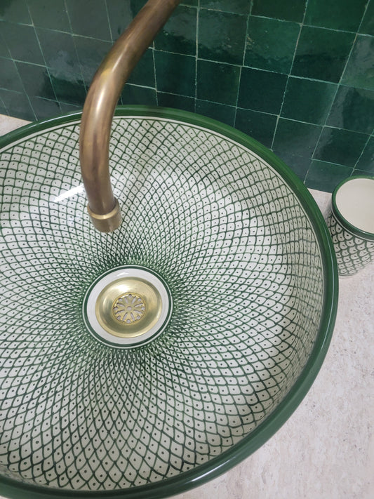 Handcrafted Moroccan Ceramic Sink – Green Patterned Basin with Matching Cup