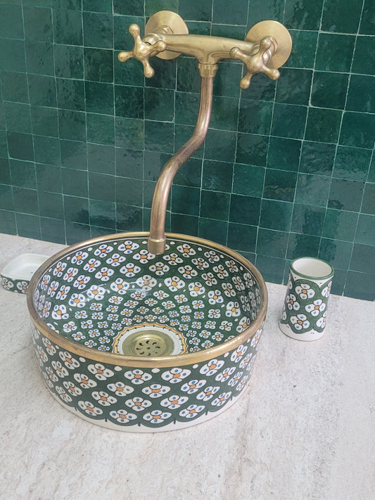 Handcrafted Moroccan Ceramic Sink – Green Floral Pattern with Brass Rim
