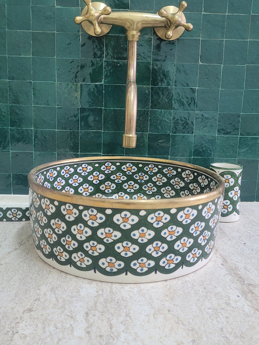 Handcrafted Moroccan Ceramic Sink – Green Floral Pattern with Brass Rim