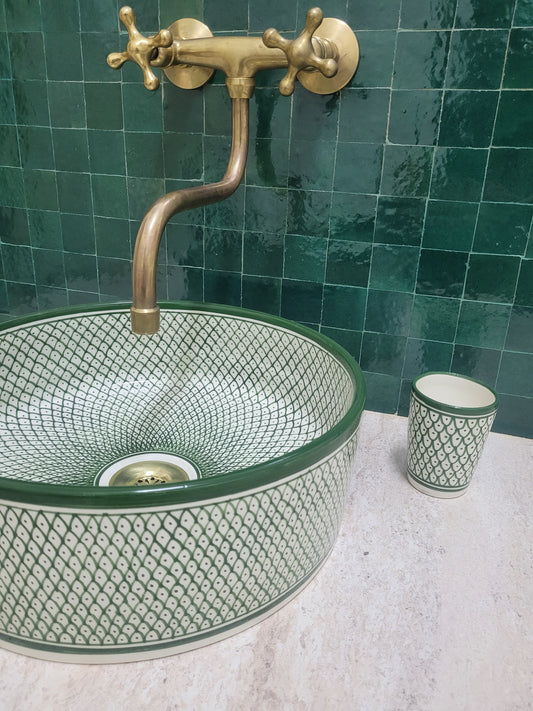 Handcrafted Moroccan Ceramic Sink – Green Patterned Basin with Matching Cup